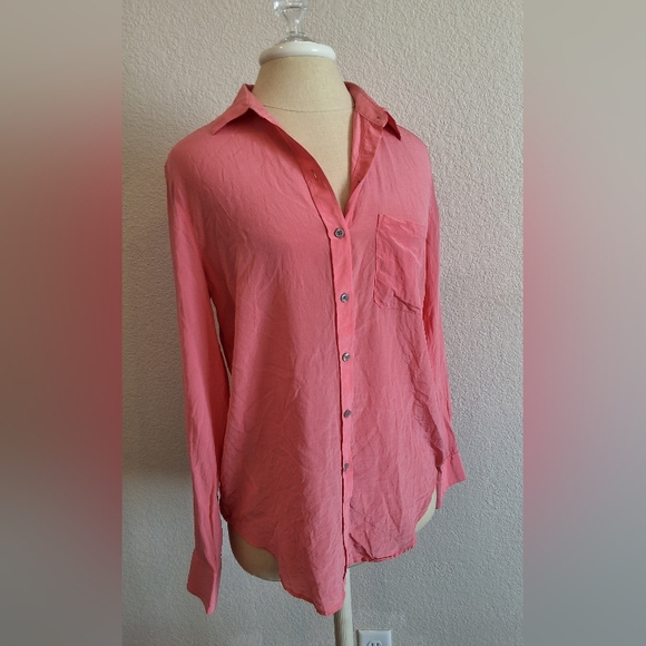 100% SILK ANN TAYLOR Button Up Long Sleeve Pocket Shirt/ Blouse Med Pink - Picture 2 of 13